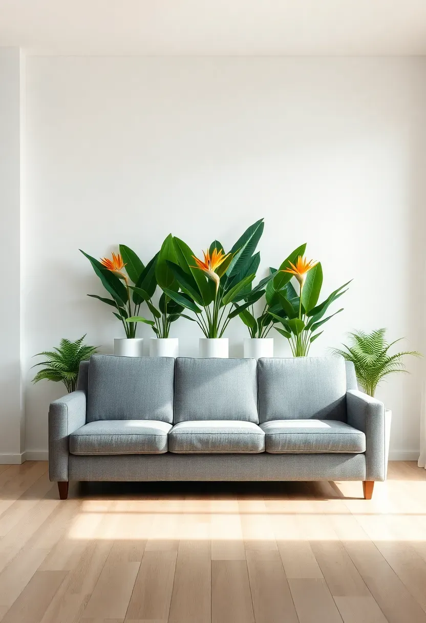 Hyper-realistic frontal view of gray sofa against white wall with five plants behind at varying heights. Back center: tall bird of paradise, 6 feet. Flanking: medium peace lilies, 4 feet. Ends: shorter ferns, 3 feet. All in white cylindrical pots. Sofa back aligns with middle of plants. Plants create living screen behind sofa. Light wood floor, empty white walls extending, no other furniture. Large window with sheer curtains. Materials: gray linen sofa, matte white planters, broad tropical leaves. Soft filtered light through curtains, gentle shadows. Serene minimalist mood where plants behind sofa create soft green backdrop defining seating zone.</p>