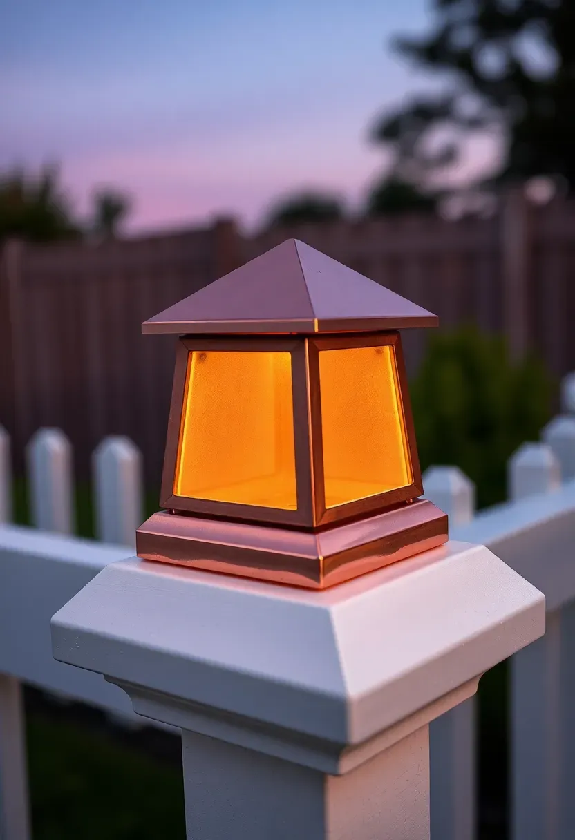 Close-up of a copper pyramid post cap solar light on top of a white vinyl fence post glowing warmly at dusk with a garden visible behind