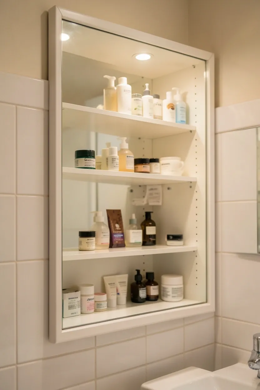 Recessed medicine cabinet with mirrored front and hidden pull-out storage in a clutter-free modern bathroom