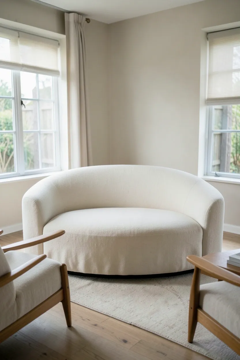 Rounded cream boucle sofa with curved back in a minimalist Japandi living room anchored by a natural jute rug and low oak table