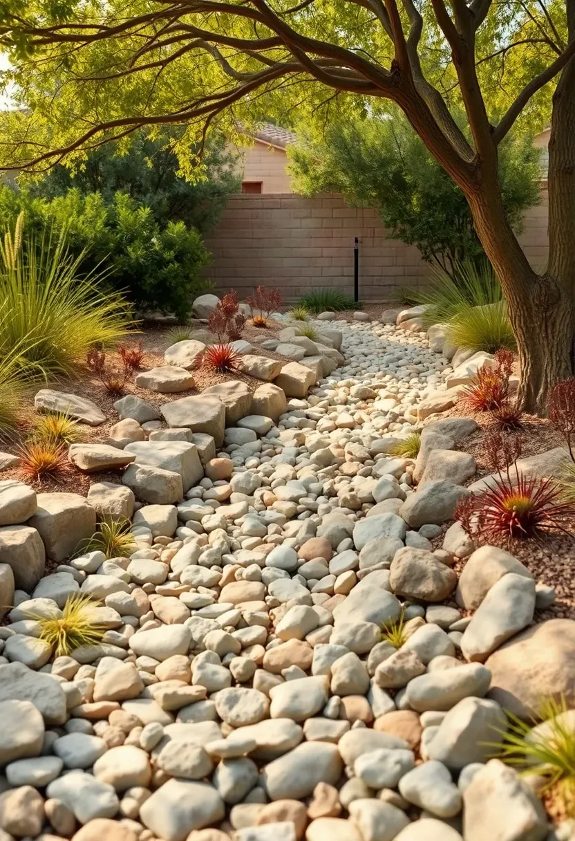 Xeriscaped dry river bed winding through an Arizona backyard with smooth river rocks, native grasses, desert spoon, and palo verde trees