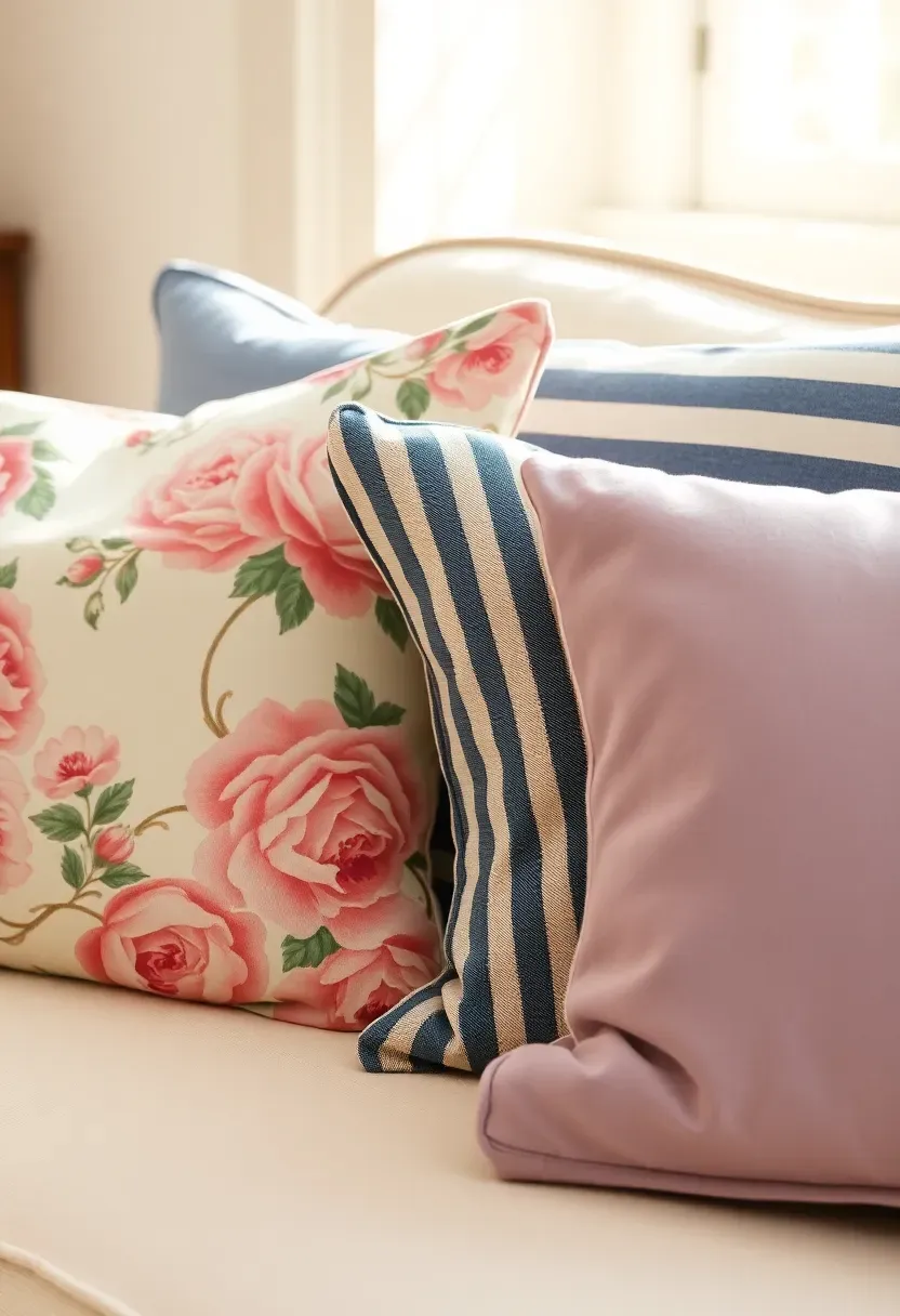 Assortment of vintage floral and striped throw pillows on a cream linen sofa
