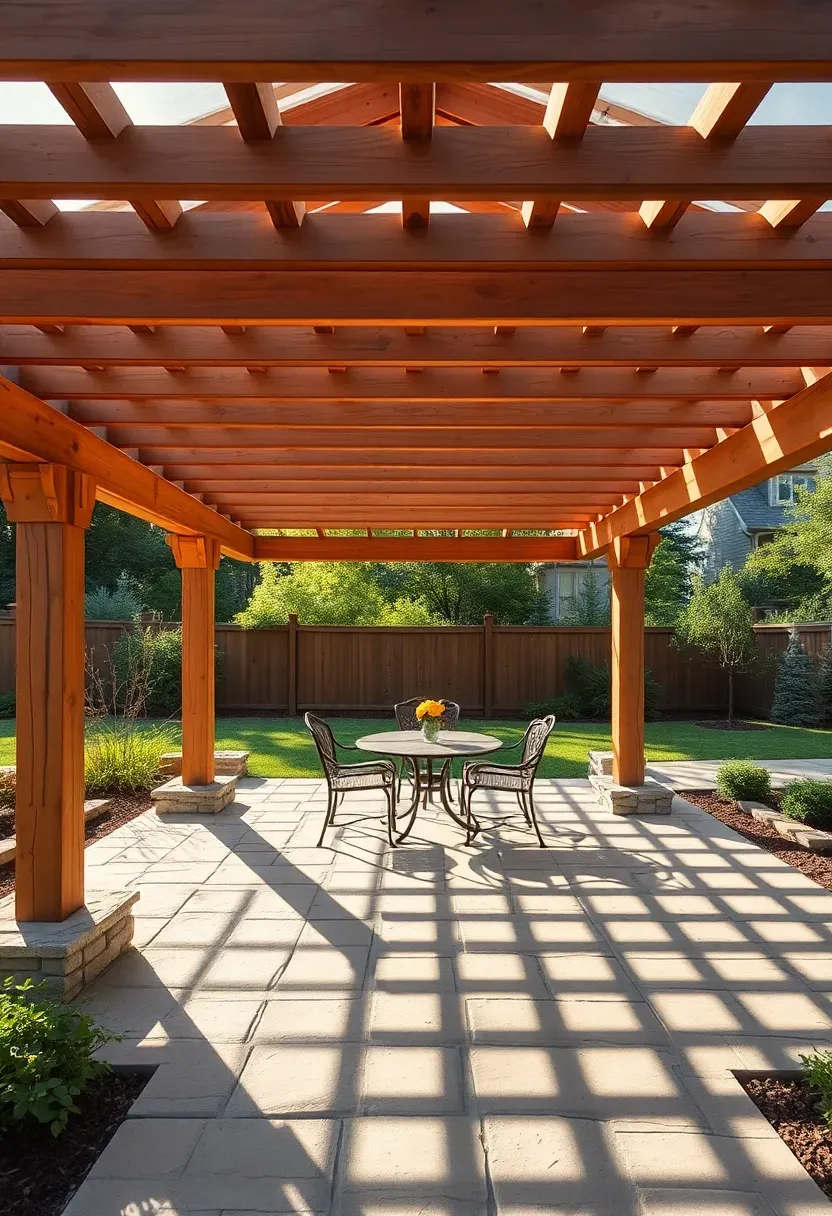 Cedar wood pergola with open rafters casting striped shadows on a stone patio with dining furniture beneath it