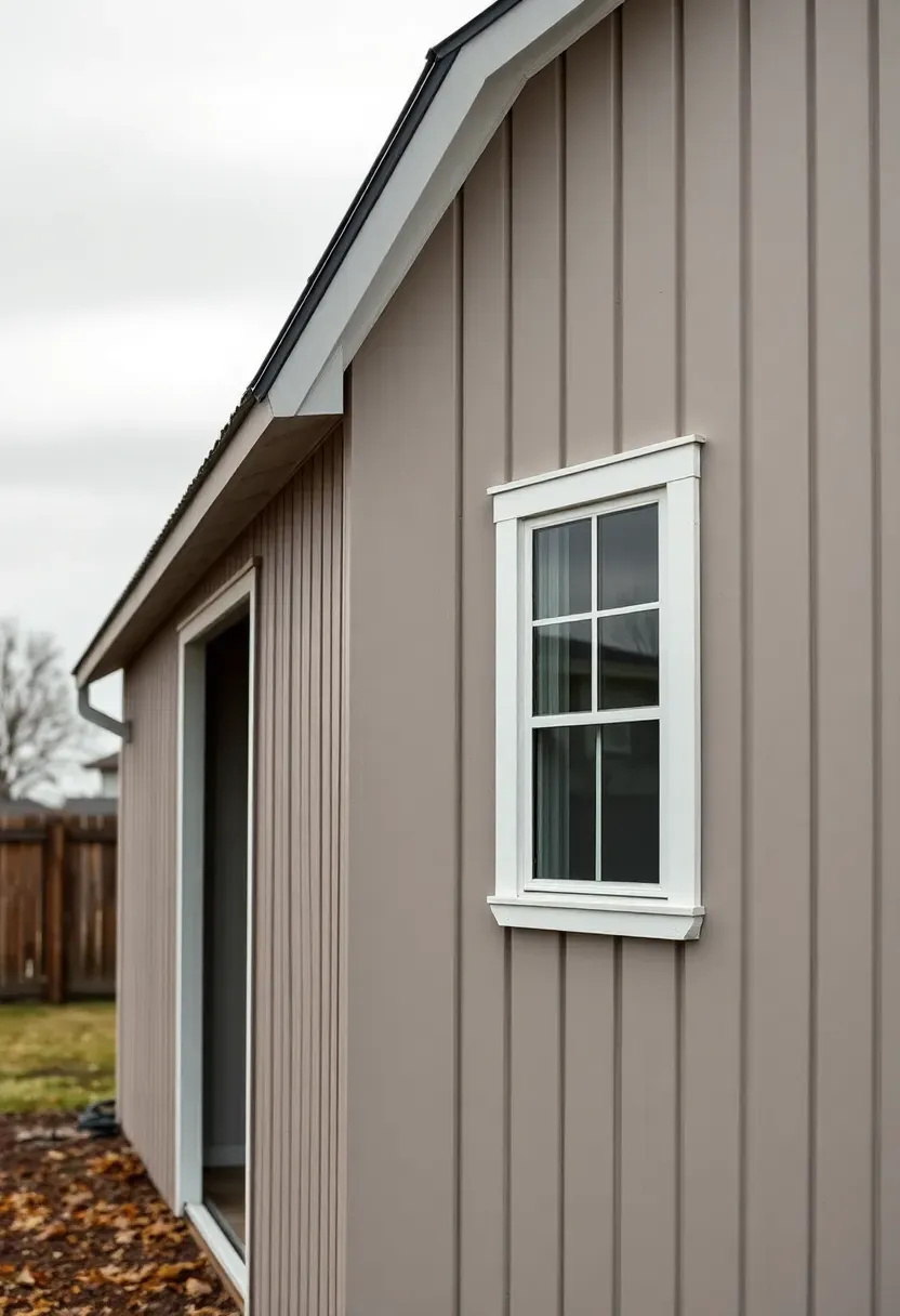 A tall shed with vertical board-and-batten siding painted in warm gray with white battens and a dark metal roof