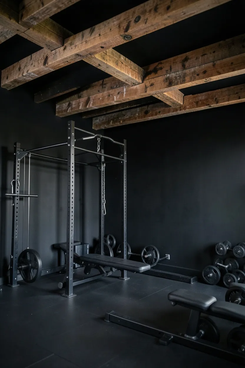 Fully matte black basement gym with exposed reclaimed wood ceiling beams adding rustic warmth and architectural character