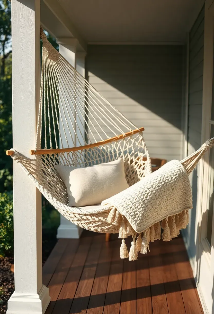 Cotton rope hammock hung diagonally in the corner of a backyard porch between two posts with a pillow and blanket