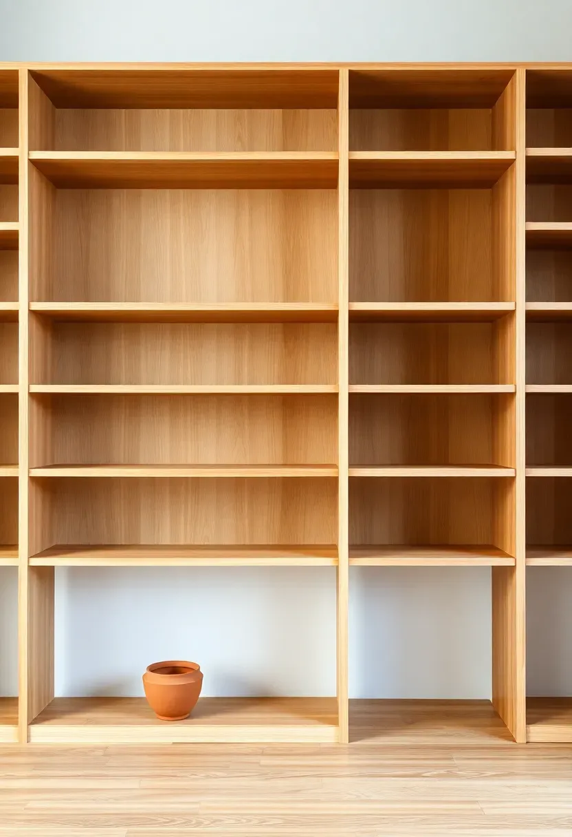 Completely cleared wooden living room shelves — empty shelves with visible grain, one plant pot left on floor beside bookcase, natural daylight, before-styling state