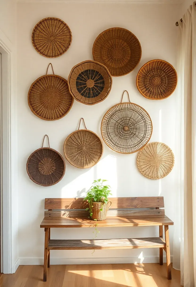 Gallery wall of woven baskets in varied sizes and earth tones mounted on a white sunroom wall, with a small wooden bench below