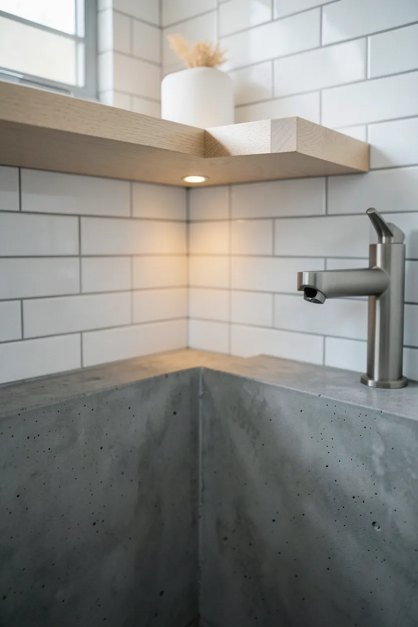 Monolithic concrete basin with light oak wood trim on a floating shelf in a japandi bathroom — raw texture and warmth