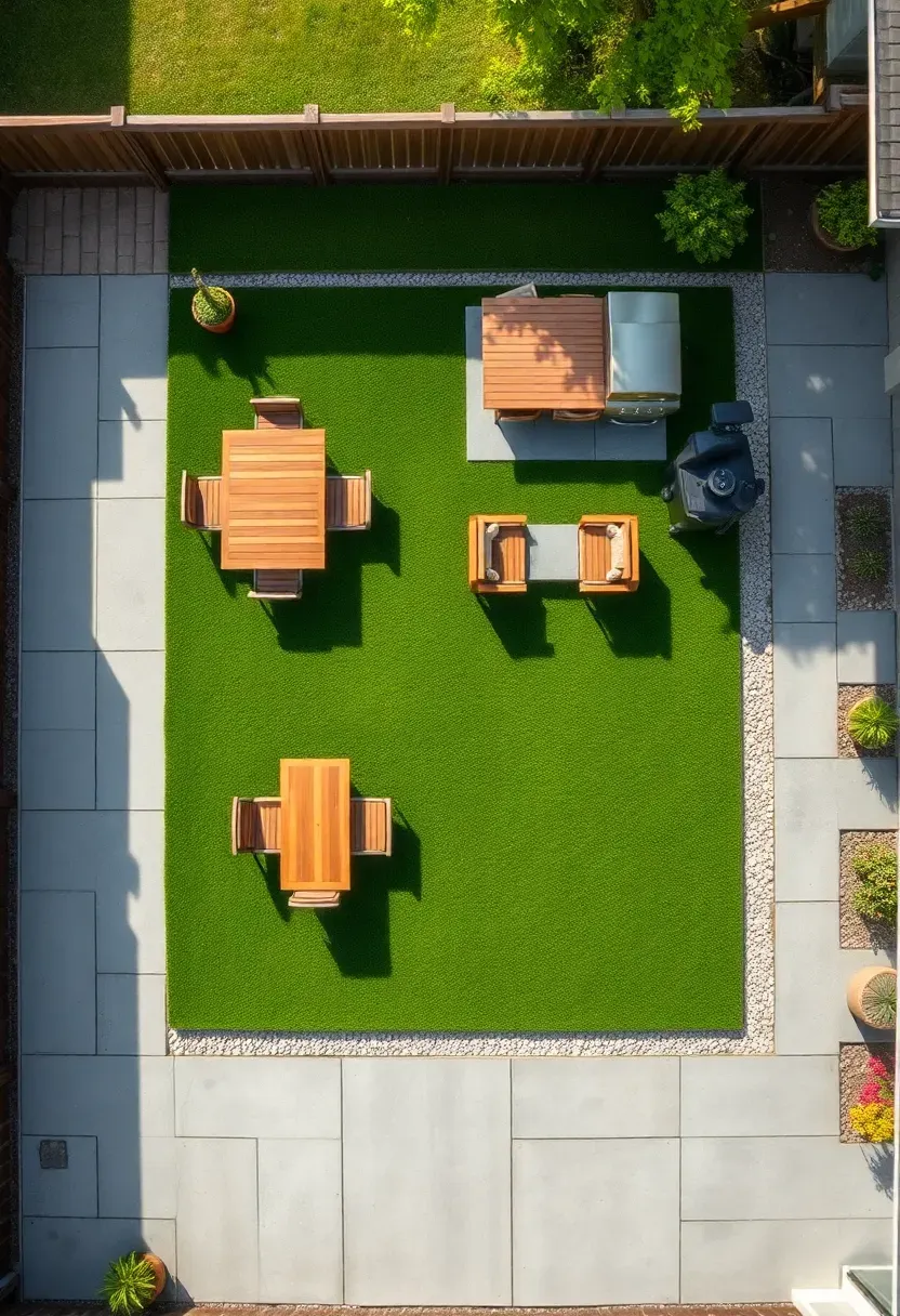 An aerial view of a full backyard redesign with a modular grid system of square paver pads and turf squares creating distinct outdoor rooms for dining cooking and lounging