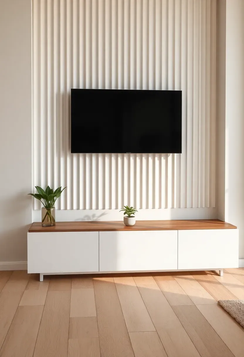 Contemporary living room with white fluted MDF accent wall panels behind a TV and a sleek low media credenza with hidden cable management