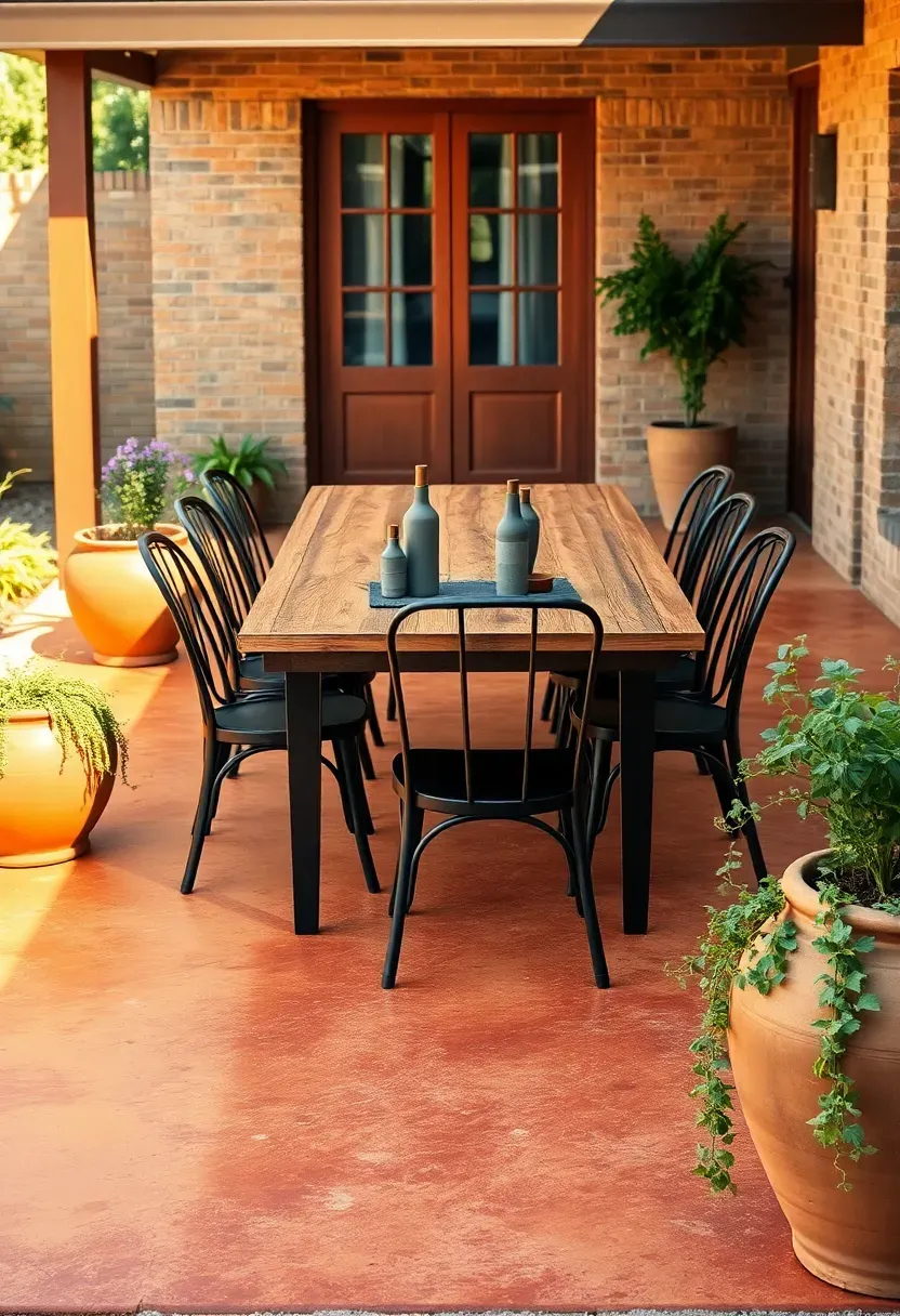 Rectangular stained concrete outdoor dining area in warm terracotta tones with a wooden dining table and metal chairs surrounded by potted plants