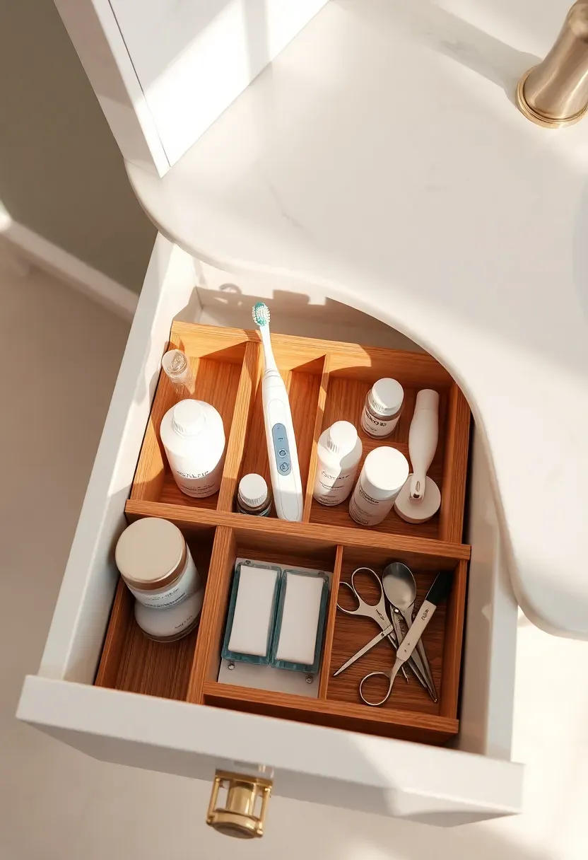 Vanity drawer with custom bamboo dividers separating skincare bottles toothbrushes and small toiletries in tidy compartments