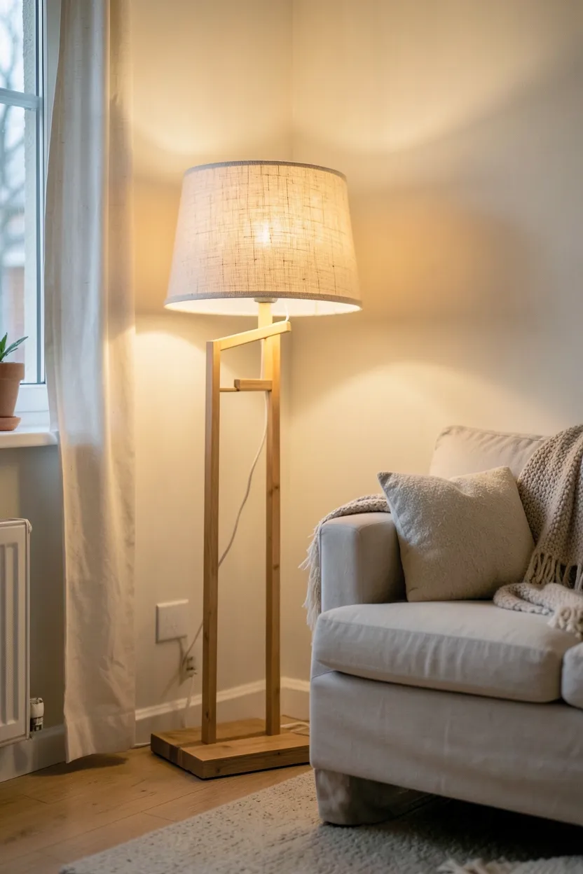 Slender floor lamp with a cream linen shade casting warm ambient light in a corner of a Scandinavian boho living room with rattan chair nearby