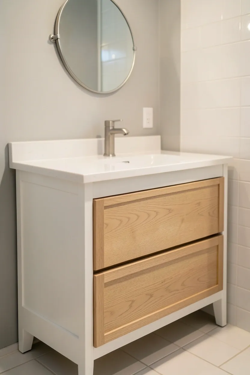 Light blue floating shelves above toilet in a small rental bathroom holding white towels and glass accessories