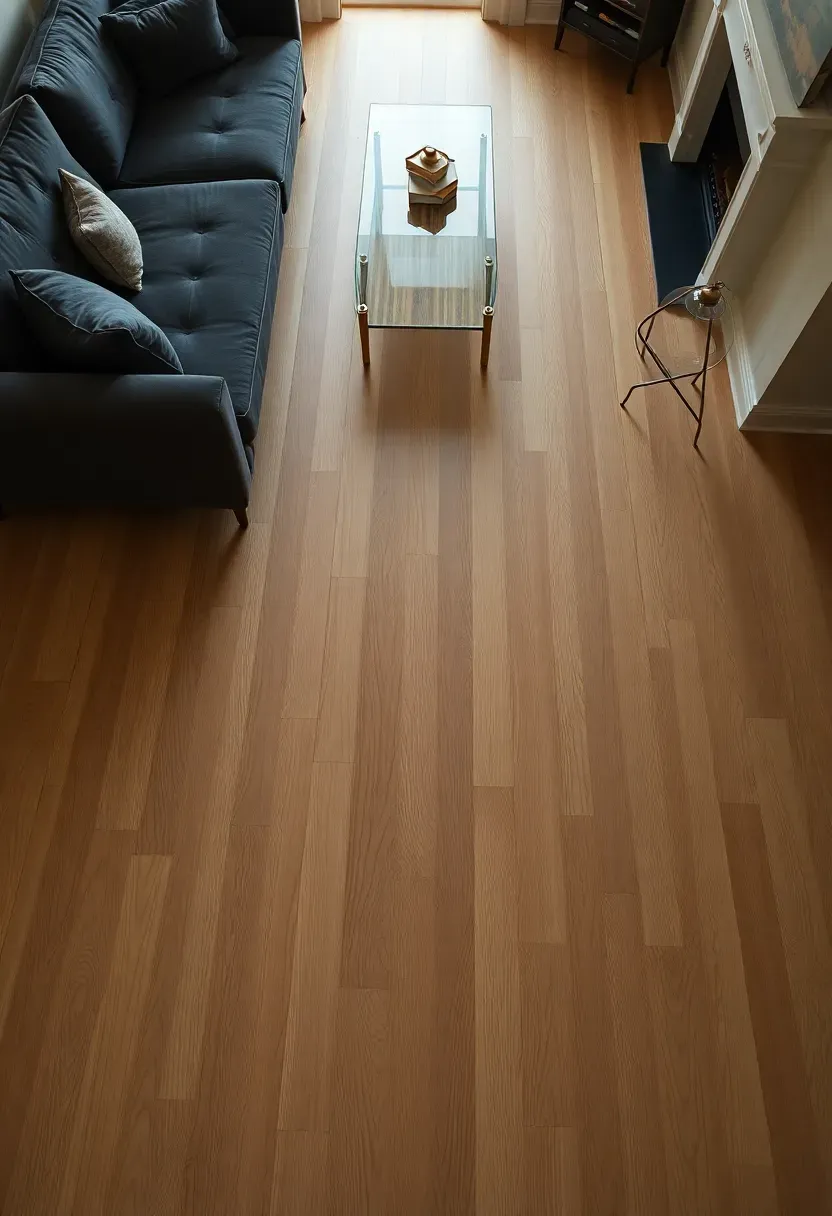 Hyper-realistic top-down angled view of wide-plank white oak flooring. Materials: 7-inch wide white oak planks with matte finish, visible subtle grain patterns, minimal seams, consistent coloration. Charcoal sofa, brass coffee table, cream walls visible at edges. Soft ambient light emphasizing floor quality and refined proportions. Luxurious ground plane through material scale.</p>