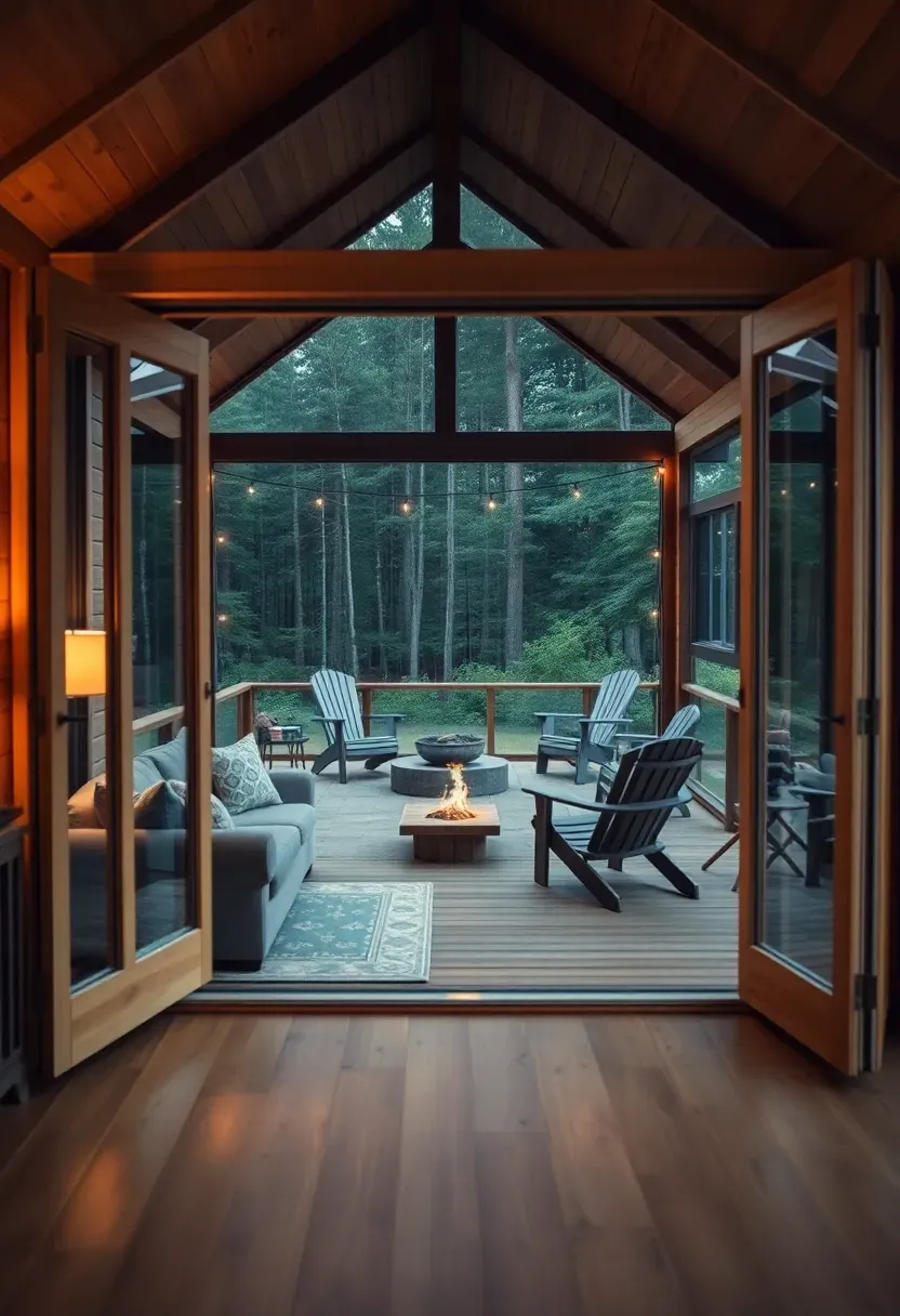Hyper-realistic 3/4 view from inside a tiny house looking out through large glass doors onto a wooden deck with outdoor seating, fire pit, and surrounding forest. Interior shows cozy living area with small sofa, rug, reading lamp. Deck shows Adirondack chairs, small table, string lights overhead. Materials: light wood interior, gray upholstered sofa, natural wood deck, forest greenery beyond. Golden hour light transitioning from warm interior to twilight outside. Blurring of indoor-outdoor boundary showing extended living space. Kinfolk magazine lifestyle photography style. No text, no logos, no watermarks.</p>
