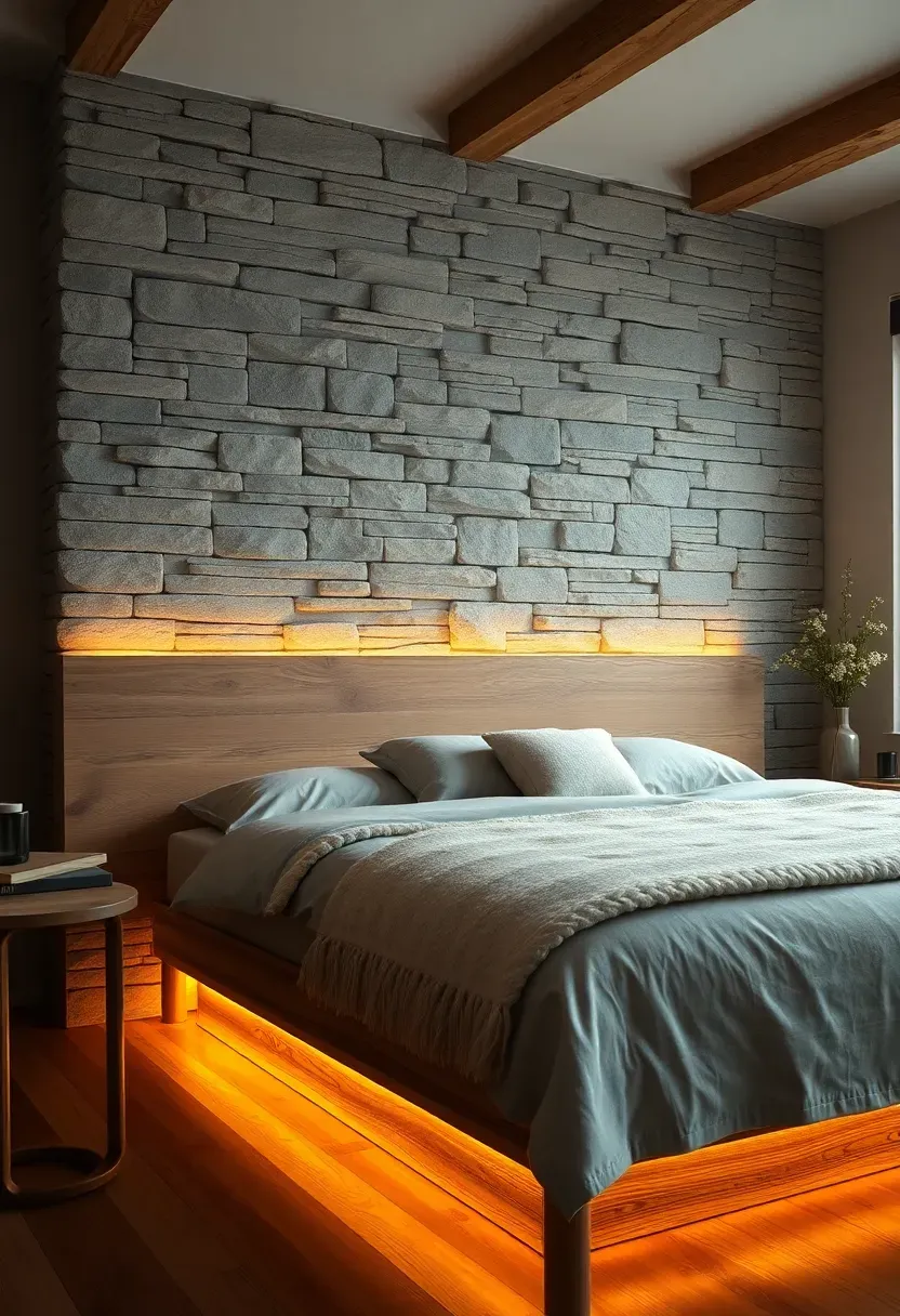 rustic modern bedroom with stacked grey ledgestone veneer accent wall behind a wooden bed frame with warm ambient up-lighting at the base