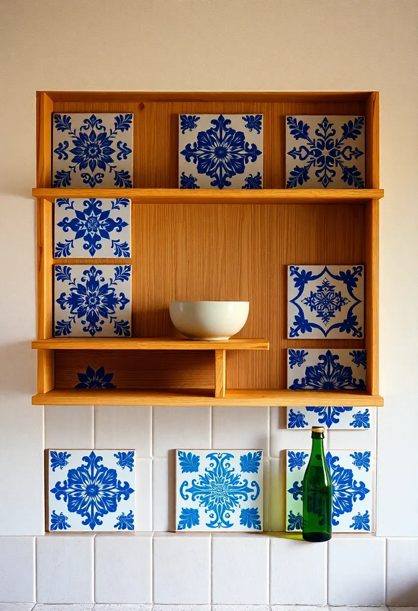 decorative hand-painted ceramic tiles arranged as wall art behind a kitchen shelf