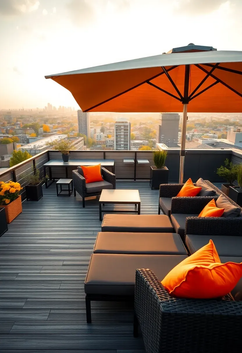 Flat-rooftop deck built over a detached garage with modular outdoor furniture, a shade umbrella, and a city skyline view in the background