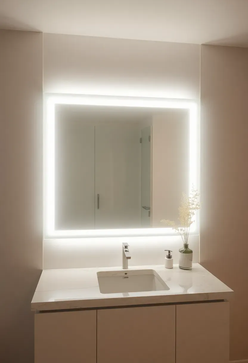 Backlit bathroom mirror with soft diffused LED glow creating ethereal ambient light above a floating vanity in a modern luxury bathroom