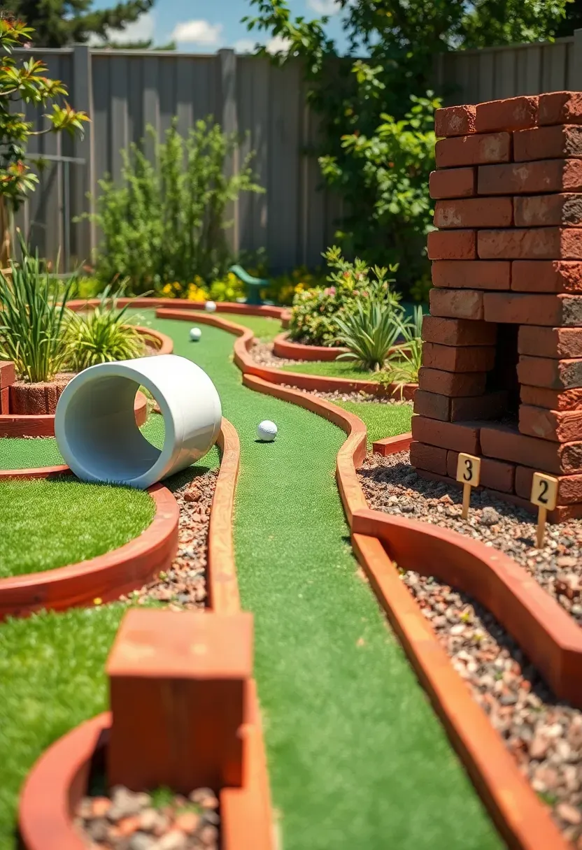 Backyard miniature golf course with multiple holes featuring small obstacles, windmill decoration, and colorful turf paths