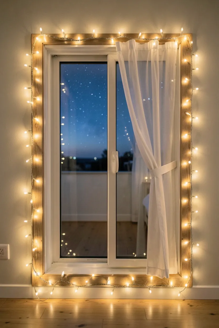 Hyper-realistic eye-level photograph of a bedroom window frame wrapped with warm white fairy lights creating a glowing border. Through the window, evening sky with stars visible. Inside, sheer white curtains partially drawn, wooden floor. Soft room lighting. Materials: warm LED lights, white sheer fabric, natural wood. Dreamy atmospheric mood. Shallow depth of field, sharp details on window frame and light glow. No text, no logos, no watermarks.</p>