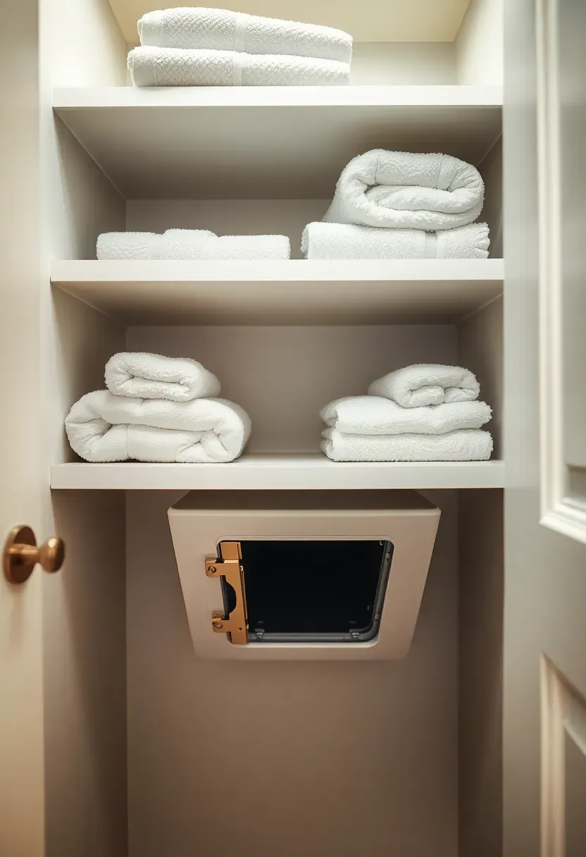 Bathroom closet with an integrated laundry chute opening on the bottom shelf leading to the floor below