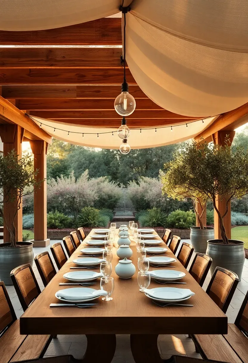 Elegant patio covered by a cedar pergola with retractable fabric canopy, a long farmhouse dining table set for eight, string lights, and potted olive trees