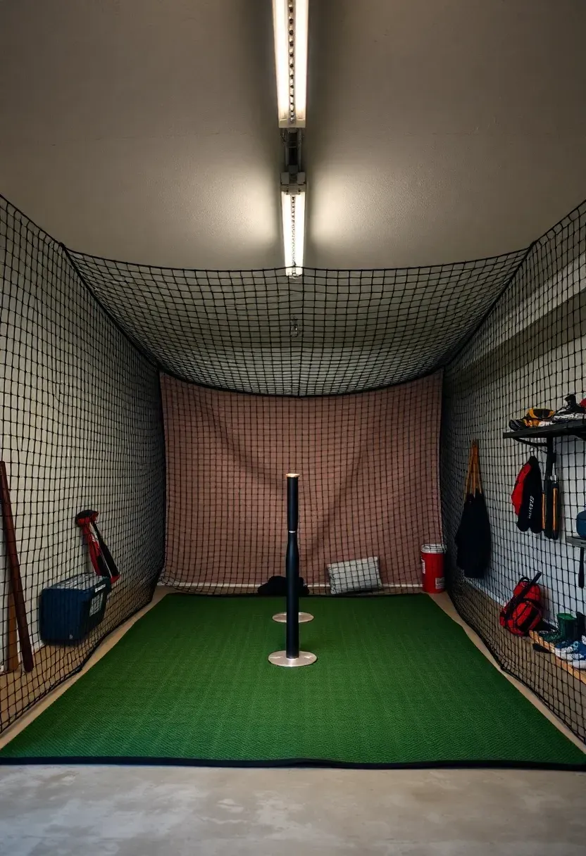 batting cage installed inside residential garage with turf mat and pitching screen