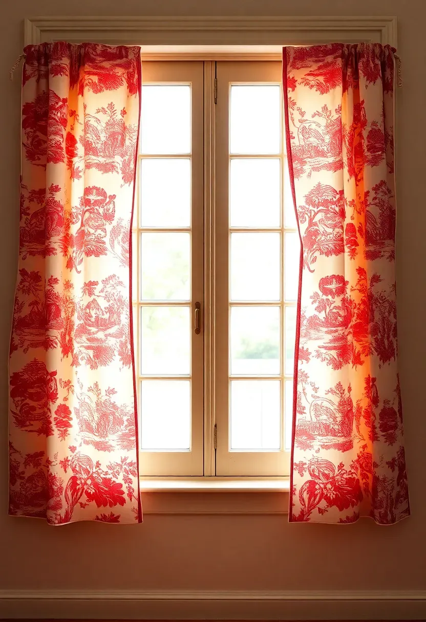red and cream toile de jouy curtains framing a multi-pane colonial window