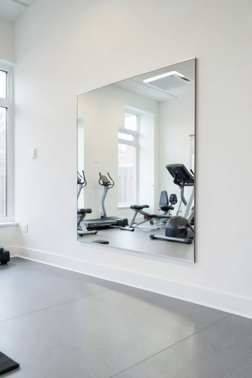 Large statement mirror accent wall in a small gym room reflecting natural light from opposite window — stylish visual expansion for compact workout spaces