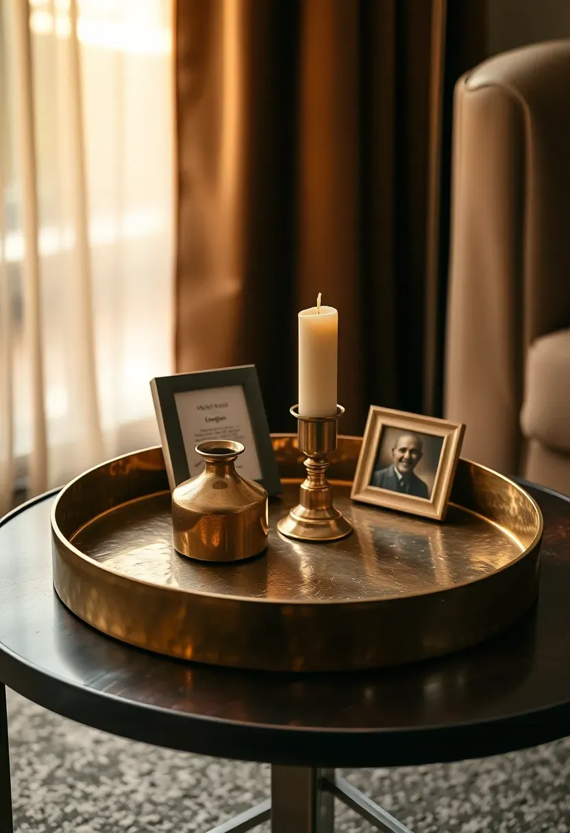 Brass tray with gold candle holder and bronze picture frame on dark wood side table