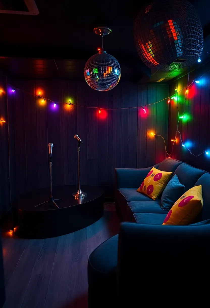 basement karaoke lounge with a small stage area, microphone stands, disco ball, and comfortable seating