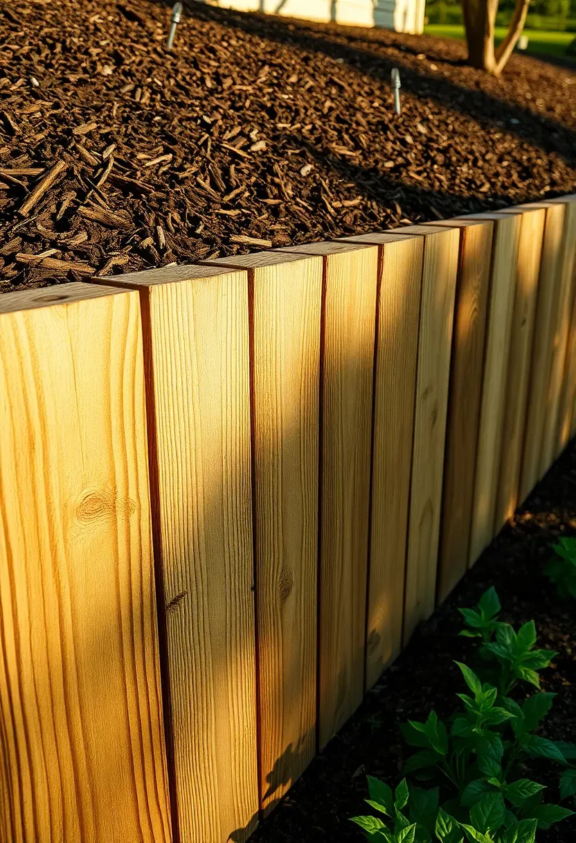 Horizontal pressure-treated timber retaining wall with visible bolt hardware on a gentle backyard slope with mulch beds