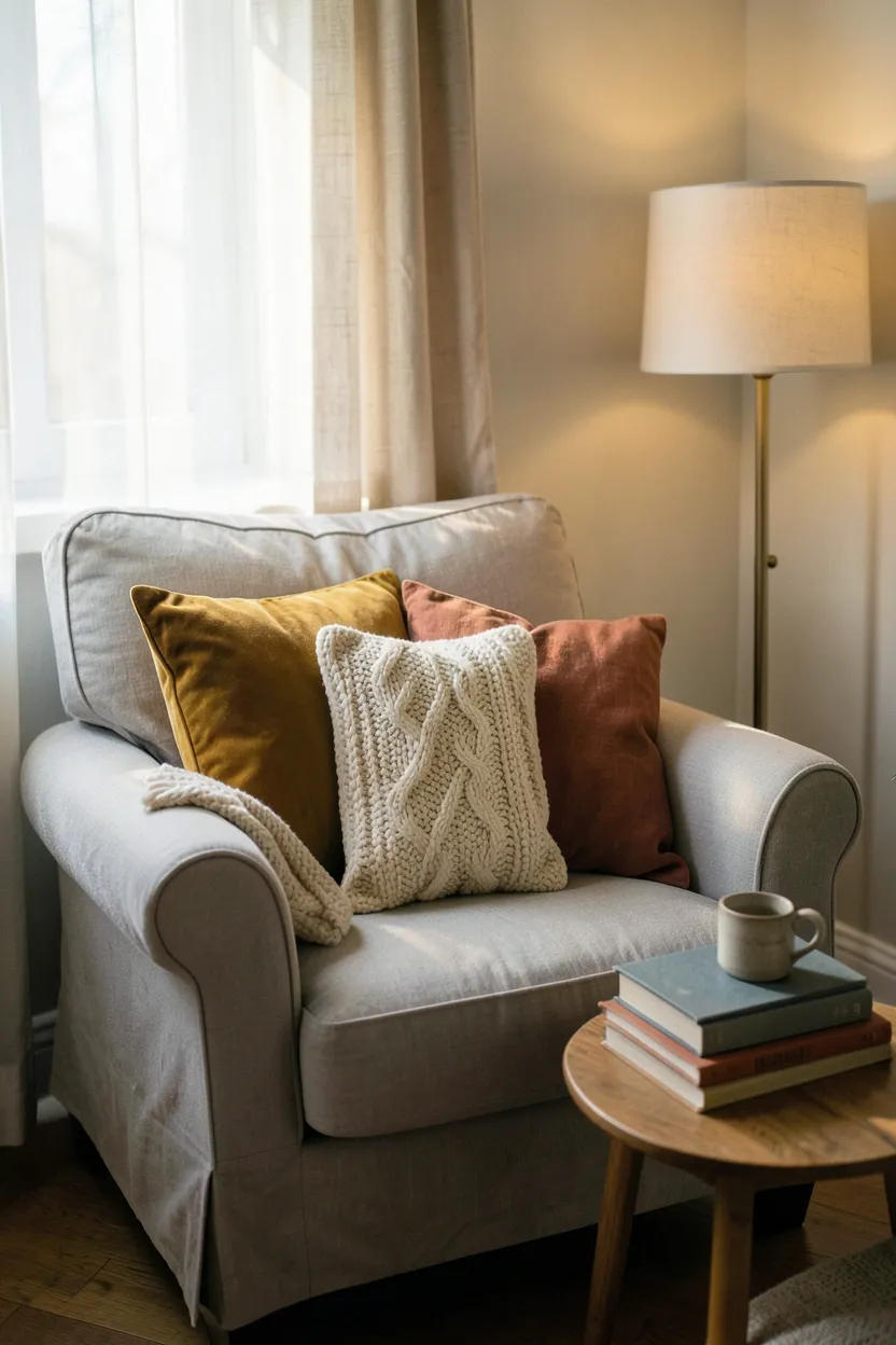 Hyper-realistic eye-level photograph of reading nook in living room corner. Comfortable armchair in light gray linen with layered pillows: one velvet in mustard, one chunky knit in cream, one linen in rust. Small side table with stack of books and ceramic mug. Floor lamp with warm light beside chair. Window with sheer curtains visible. Warm afternoon light filters through, creating soft shadows on pillow textures. Materials: linen, velvet, wool, ceramic, wood. Intimate cozy mood. Sharp textile texture details, soft lighting, inviting composition. No text, no logos, no watermarks.