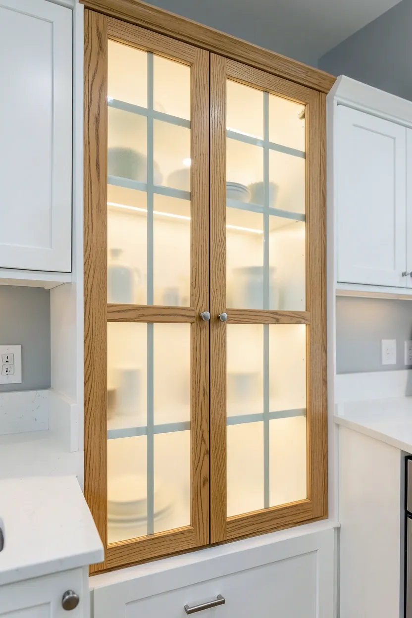 Oak-framed glass cabinet doors displaying ceramic dishware in a modern warm kitchen — open display with wood warmth