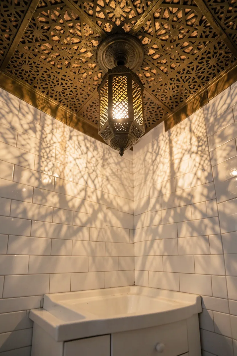 Hyper-realistic eye-level photograph of a Moroccan-style bathroom ceiling featuring brass Moroccan lantern light fixture with intricate geometric cutout patterns, warm light glowing through perforations and casting patterned shadows on white subway tile walls, white vanity below. Ambient warm lighting. Materials: aged brass metal with patina, white ceramic tiles, white wood. Exotic Moroccan lighting fixture. Intricate geometric patterns. No text, no logos, no watermarks.</p>