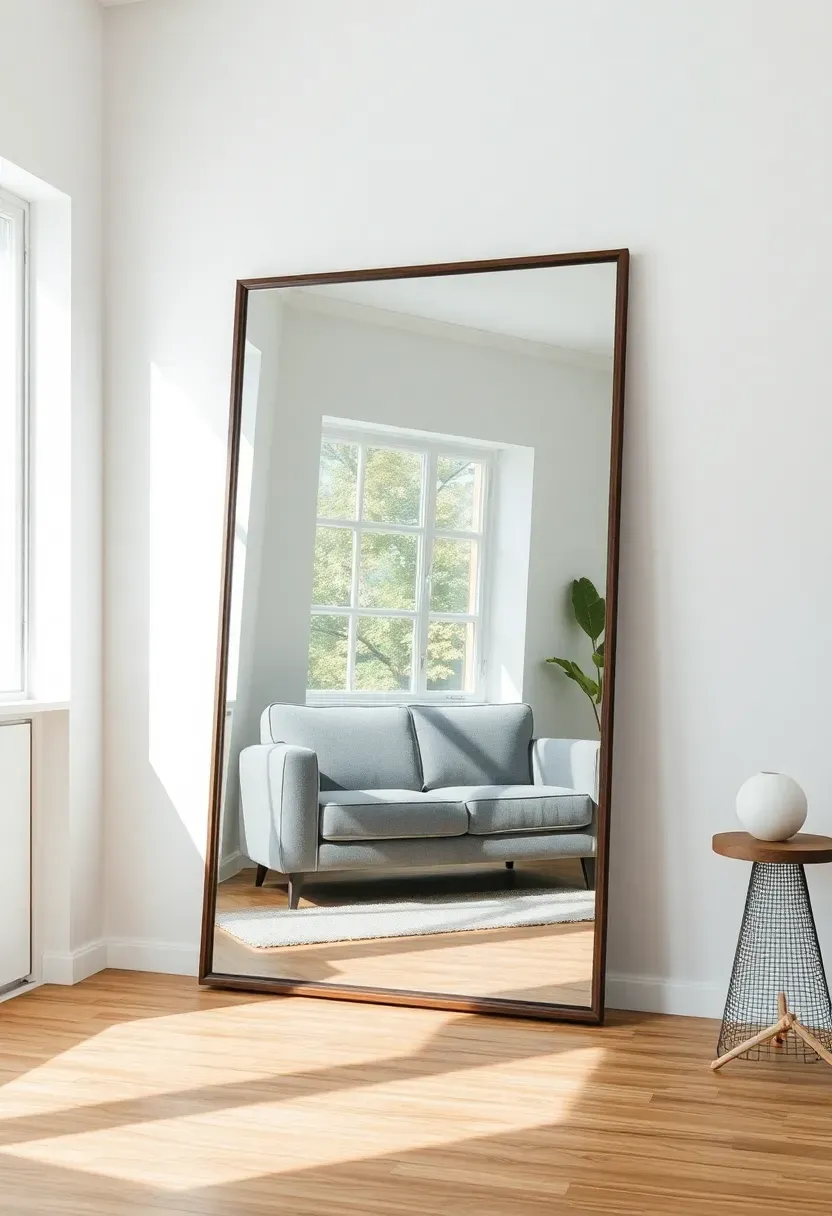 Hyper-realistic view of small minimalist living room with large floor mirror leaning against white wall, mirror reflecting window and natural light creating depth illusion, small gray sofa, oak floor, compact room feeling spacious. Materials: large rectangular mirror with thin frame, white walls, gray sofa, oak floor. Abundant natural light, airy spacious mood. Mirror doubling visual space, shallow depth of field, no text, no logos, no watermarks.</p>