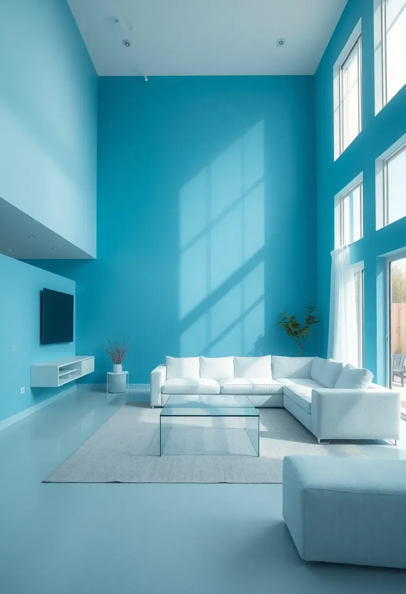 Hyper-realistic 3/4 view of a spacious minimalist living room with sky blue walls, high ceilings, white sectional, acrylic coffee table. Materials: matte blue paint, white textured fabric, clear acrylic, light gray rug. Abundant natural light from large windows, subtle blue shadows. Shallow depth of field, expansive composition, negative space emphasized. No text, no logos, no watermarks.</p>
