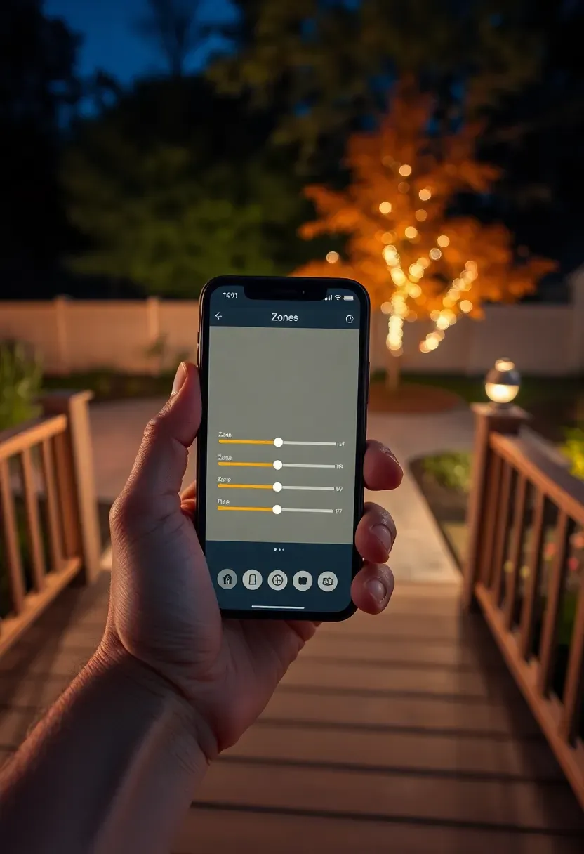 A smartphone app interface controlling backyard lighting zones with a deck, garden path, and tree uplights each shown as separate controllable areas