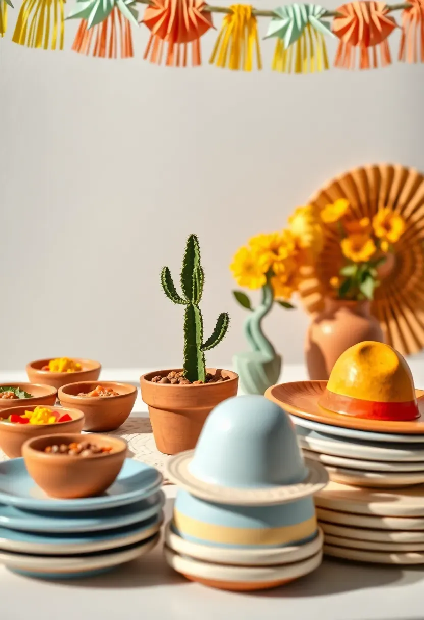taco bout a boy fiesta baby shower table with terracotta cactus centrepiece, colourful paper banner, and clay bowls