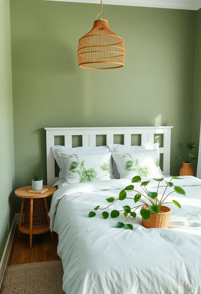 calming bedroom with sage green walls a white bed frame with white and green botanical bedding and a rattan pendant lamp