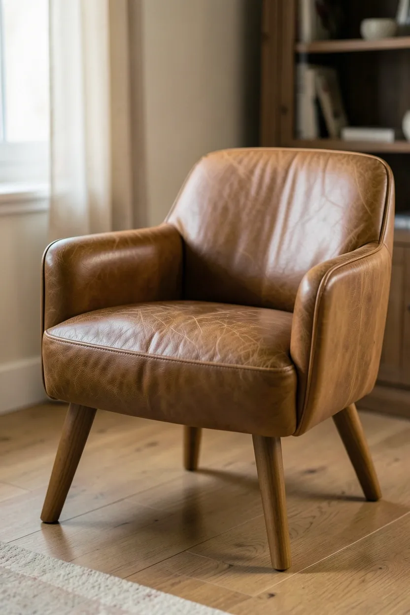 Natural tan leather accent chair with wood legs next to a jute rug in an organic modern apartment living room