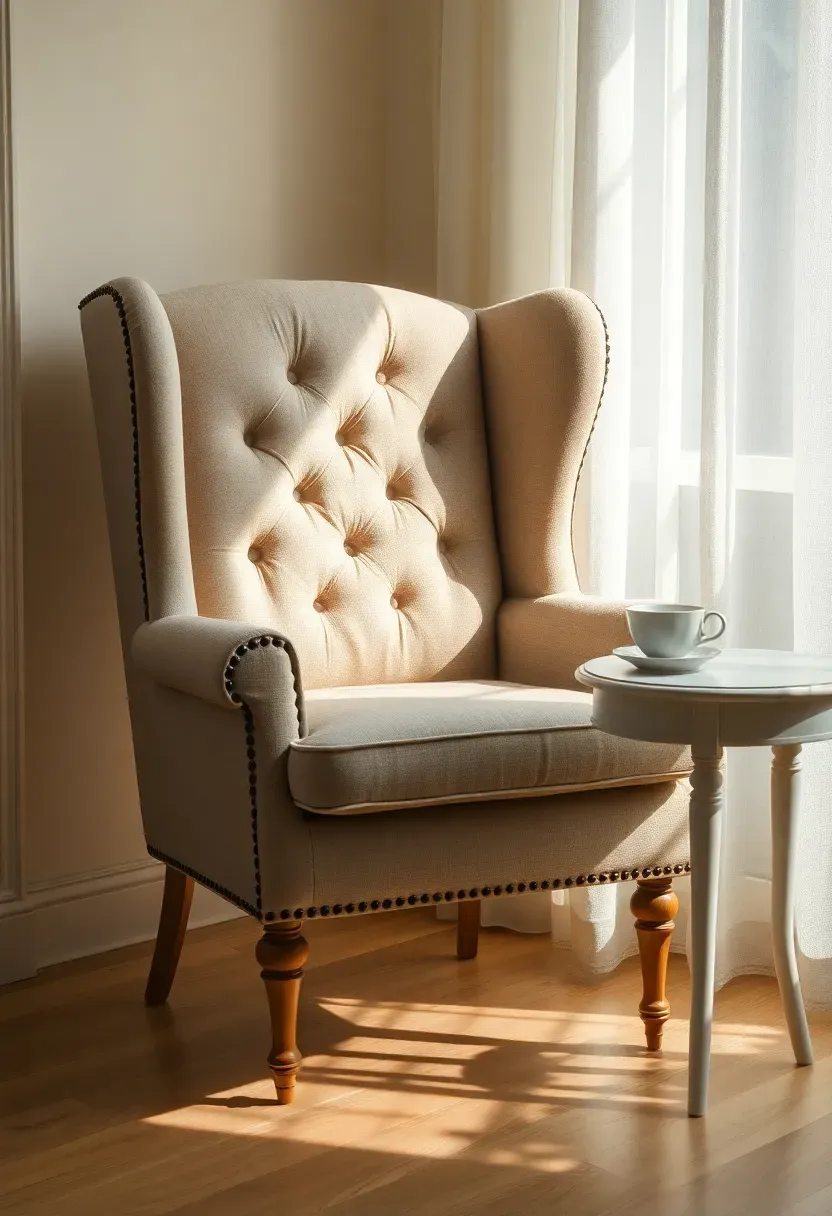 Tufted linen wingback chair in oatmeal fabric with deep button details and turned wooden legs in a sunlit corner