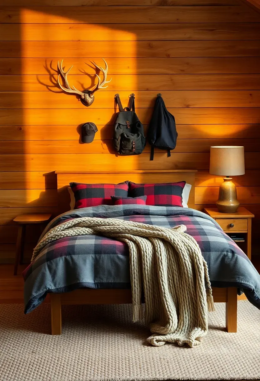Mountain lodge-style boy bedroom with a reclaimed wood headboard wall, plaid bedding, and antler wall hooks