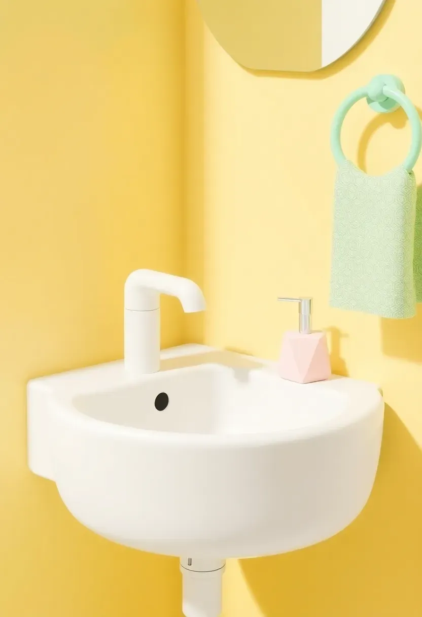 Minimalist white rounded sink with pastel pink soap dispenser, mint green towel ring, and soft yellow accents in a Toca Boca style bathroom