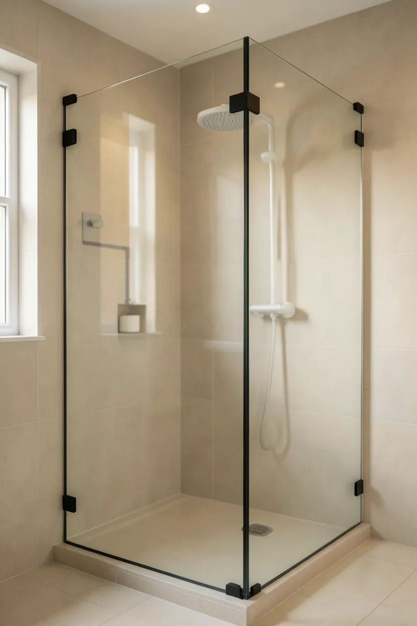Frameless glass shower enclosure with minimal hardware showing off large-format tile in a modern bathroom