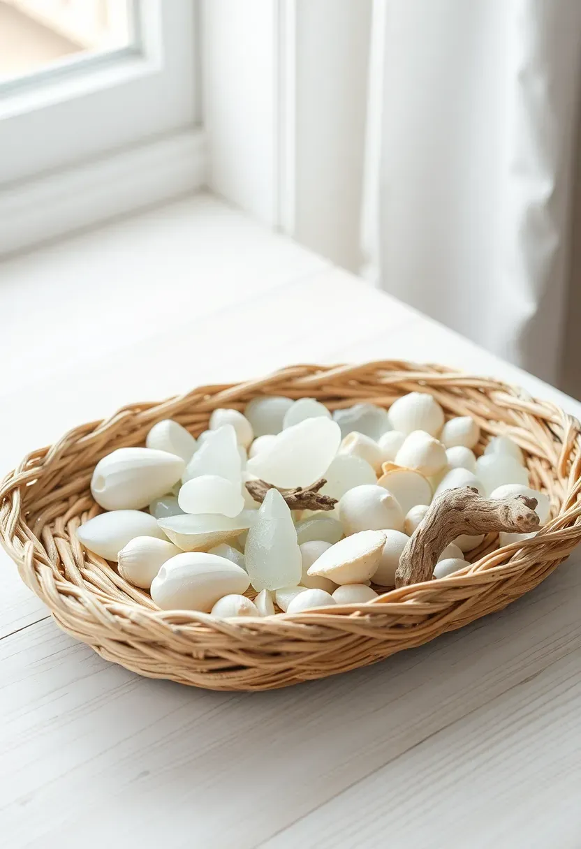 Coastal woven seagrass tray filled with white shells, sea glass, and a small driftwood piece on a light wood table