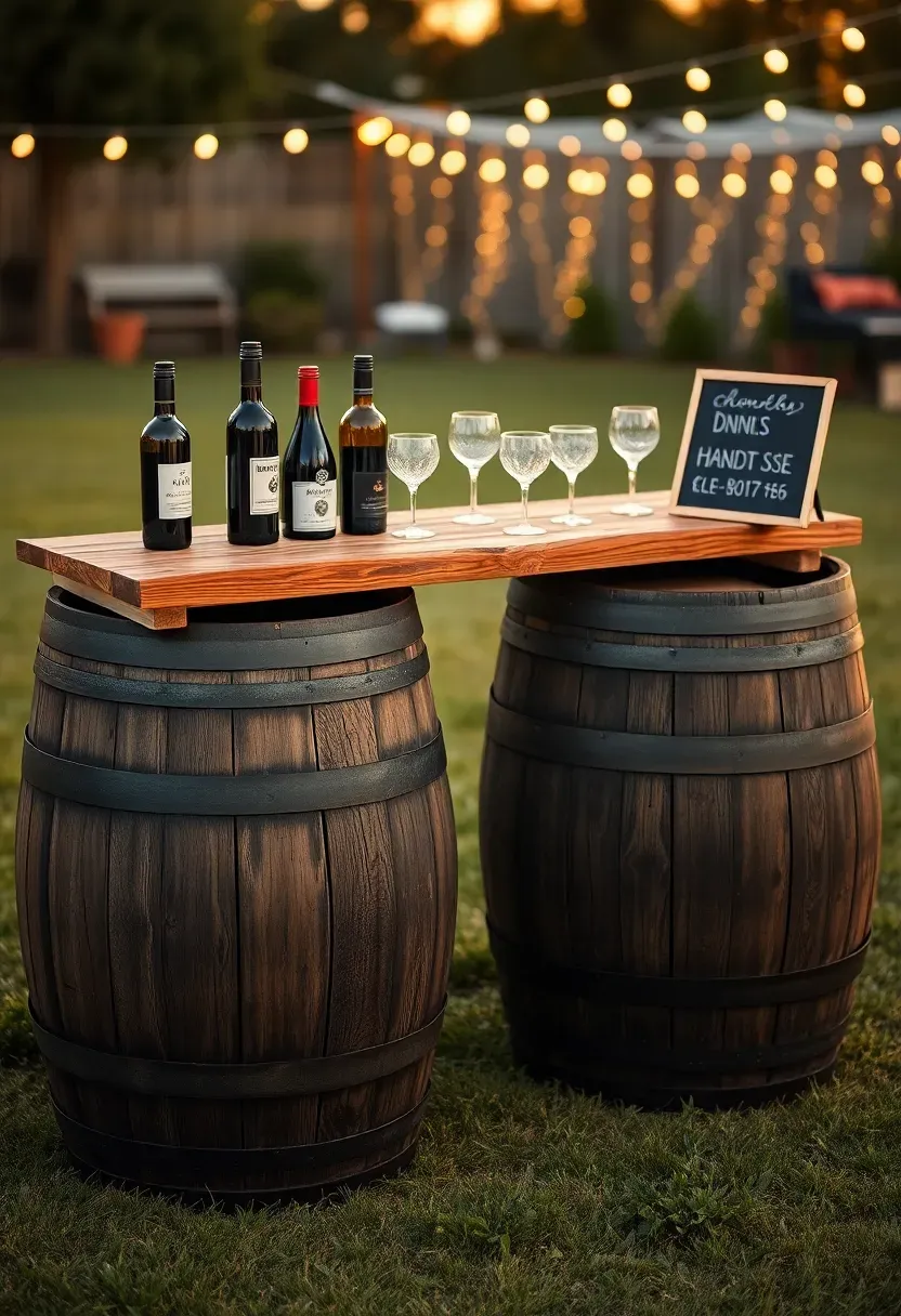 Two oak wine barrels used as a rustic outdoor wedding bar with a wooden plank across the top holding bottles, glasses, and a chalkboard drink menu